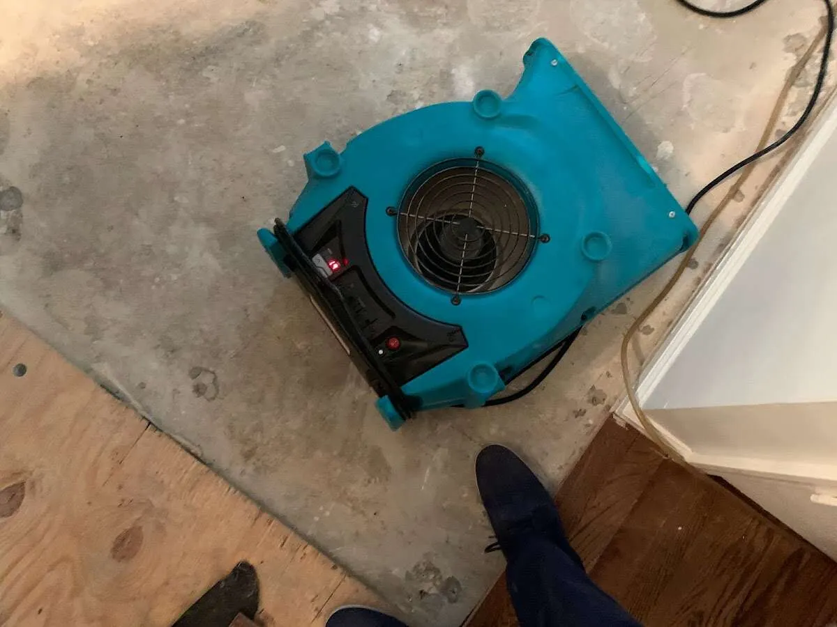 Air mover drying subfloor during Leak Detection & Repair in West Point